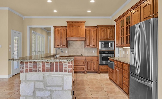 1105 Charing Cross Dr, Waco, TX 76712 - kitchen with appliances with stainless steel finishes, backsplash, light stone countertops, ornamental molding, and light tile patterned floors