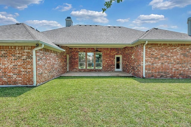 1105 Charing Cross Dr, Waco, TX 76712 - back of property featuring a chimney, brick siding, roof with shingles, and a patio