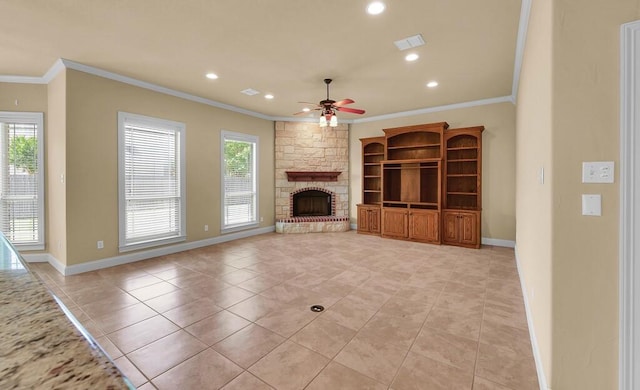 1105 Charing Cross Dr, Waco, TX 76712 - unfurnished living room with ornamental molding, ceiling fan, recessed lighting, a fireplace, and baseboards
