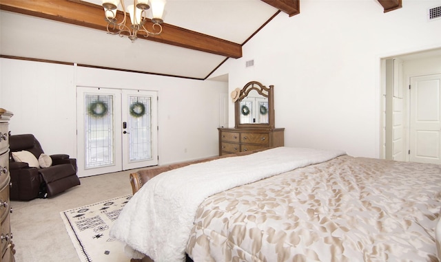 1022 Kintner Dr, Graham, TX 76450 - carpeted bedroom with access to exterior, french doors, beam ceiling, a chandelier, and high vaulted ceiling