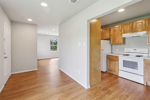 12824 Seagoville Rd, Balch Springs, TX 75180 - kitchen with white appliances, under cabinet range hood, light wood-style flooring, light countertops, and recessed lighting