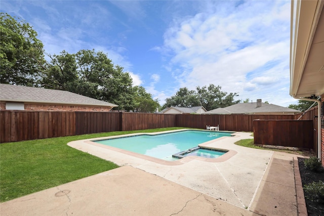 view of swimming pool featuring a patio, a diving board, and an in-ground hot tub