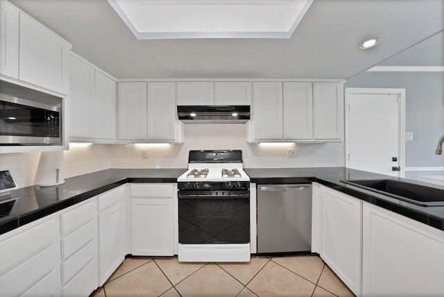 1503 Hindsdale Dr, Richardson, TX 75081 - kitchen with appliances with stainless steel finishes, under cabinet range hood, a sink, tasteful backsplash, and white cabinetry