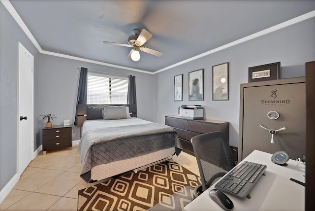 1503 Hindsdale Dr, Richardson, TX 75081 - bedroom featuring crown molding, light tile patterned flooring, a desk, ceiling fan, and baseboards