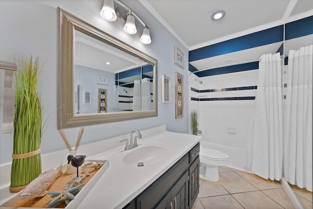 1503 Hindsdale Dr, Richardson, TX 75081 - full bath with vanity, toilet, tile patterned floors, shower / bath combo, and ornamental molding