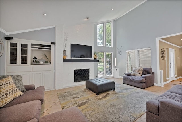 1503 Hindsdale Dr, Richardson, TX 75081 - tiled living room featuring high vaulted ceiling, healthy amount of natural light, a fireplace, crown molding, and baseboards