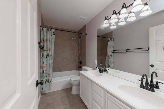 full bathroom featuring toilet, shower / tub combo with curtain, tile patterned floors, and double vanity