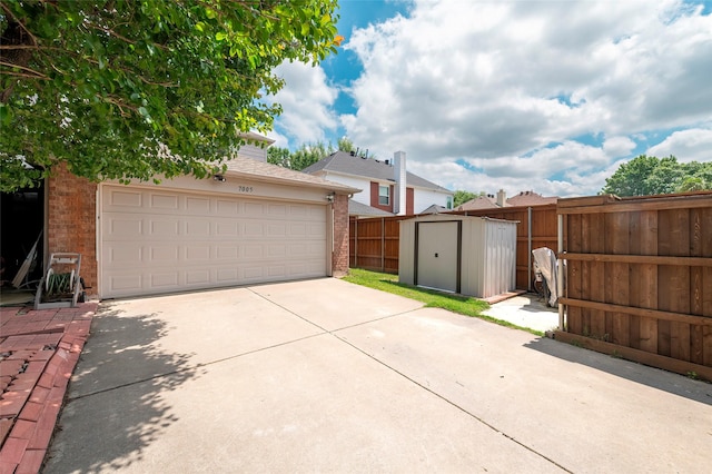 view of home's exterior featuring brick siding, an outbuilding, fence, and a storage unit