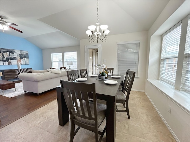 2041 Matador Ranch Rd, Fort Worth, TX 76134 - dining area with lofted ceiling, a chandelier, ceiling fan, and baseboards