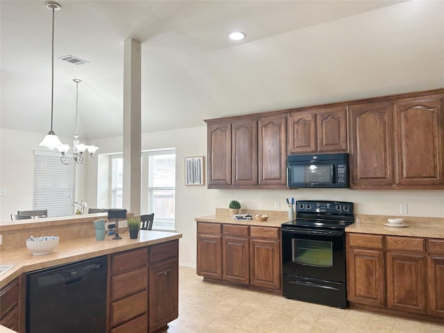2041 Matador Ranch Rd, Fort Worth, TX 76134 - kitchen with black appliances, a chandelier, light countertops, decorative light fixtures, and lofted ceiling