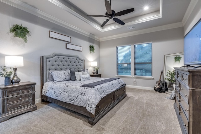 109 Highland Ranch Dr, Paradise, TX 76073 - carpeted bedroom featuring a raised ceiling, crown molding, baseboards, and ceiling fan