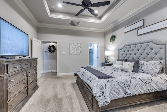 109 Highland Ranch Dr, Paradise, TX 76073 - bedroom featuring light carpet, a tray ceiling, ornamental molding, baseboards, and ceiling fan