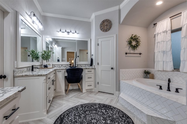 109 Highland Ranch Dr, Paradise, TX 76073 - full bath featuring vanity, a garden tub, and ornamental molding