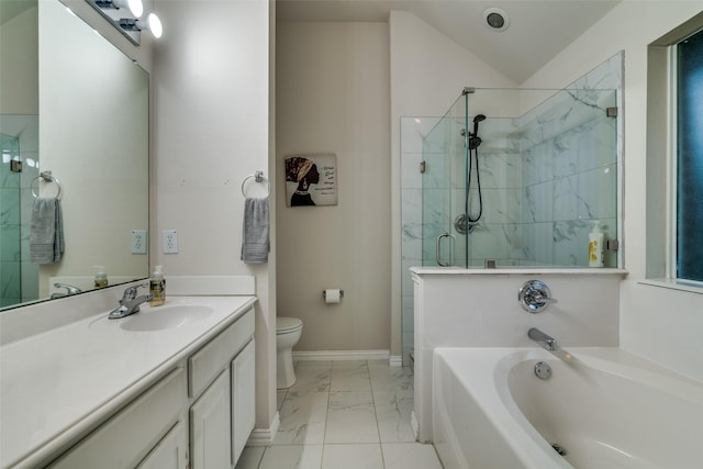 full bathroom featuring marble finish flooring, a garden tub, a stall shower, vanity, and vaulted ceiling