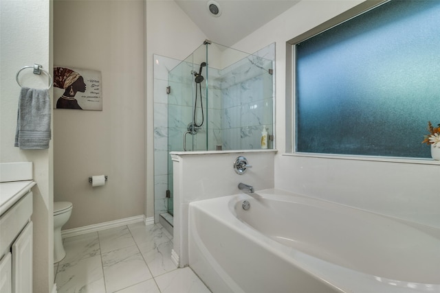 full bathroom with a shower stall, marble look tile flooring, a garden tub, baseboards, and vanity