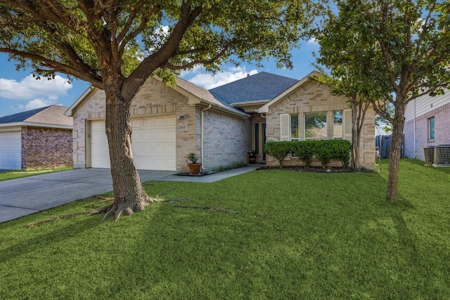 8505 Cactus Flower Dr, Fort Worth, TX 76131 - ranch-style home with concrete driveway, an attached garage, a front lawn, central AC unit, and a shingled roof