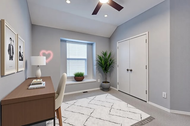 8505 Cactus Flower Dr, Fort Worth, TX 76131 - office area featuring ceiling fan, carpet flooring, lofted ceiling, and recessed lighting