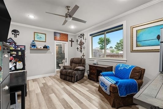 2230 Rana Park, Flint, TX 75762 - living area featuring crown molding, ceiling fan, light wood-style floors, recessed lighting, and baseboards