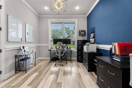 2230 Rana Park, Flint, TX 75762 - office area with crown molding, light wood-type flooring, baseboards, a chandelier, and recessed lighting