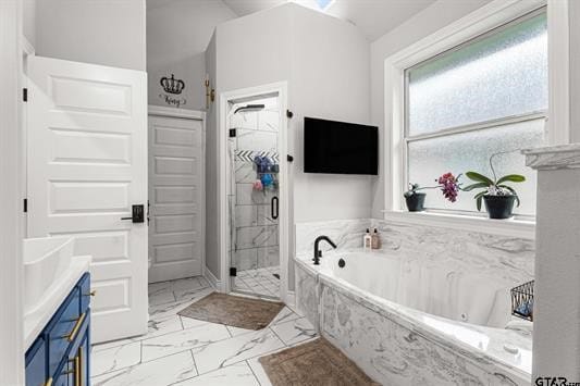 2230 Rana Park, Flint, TX 75762 - bathroom with marble finish floors, a bath, a shower stall, and vanity