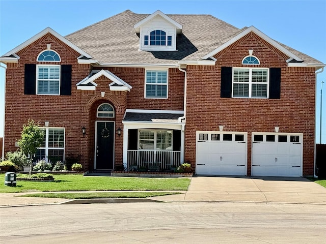 8520 Pinewood Dr, Fort Worth, TX 76123 - traditional-style house with driveway, brick siding, an attached garage, a shingled roof, and a front lawn