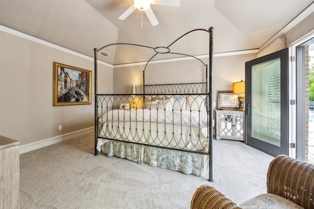 bedroom with carpet floors, ornamental molding, vaulted ceiling, and baseboards