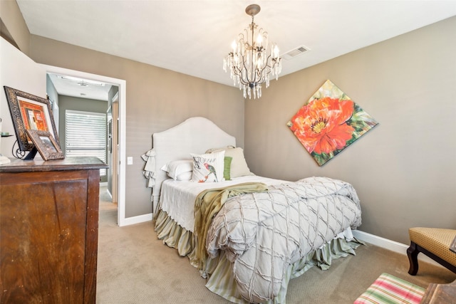 bedroom featuring light carpet, a chandelier, and baseboards