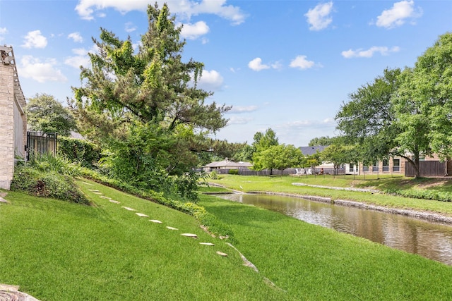 view of community with a water view