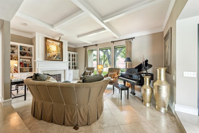 living room with coffered ceiling, beamed ceiling, a tile fireplace, baseboards, and crown molding
