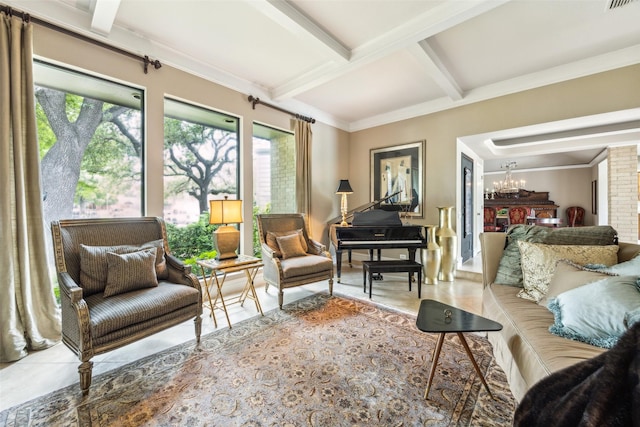 living area featuring beamed ceiling, a chandelier, coffered ceiling, and crown molding