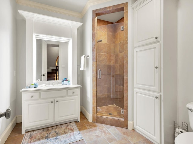 901 Saint James Dr, Fairview, TX 75069 - full bathroom with a shower stall, toilet, baseboards, vanity, and ornamental molding