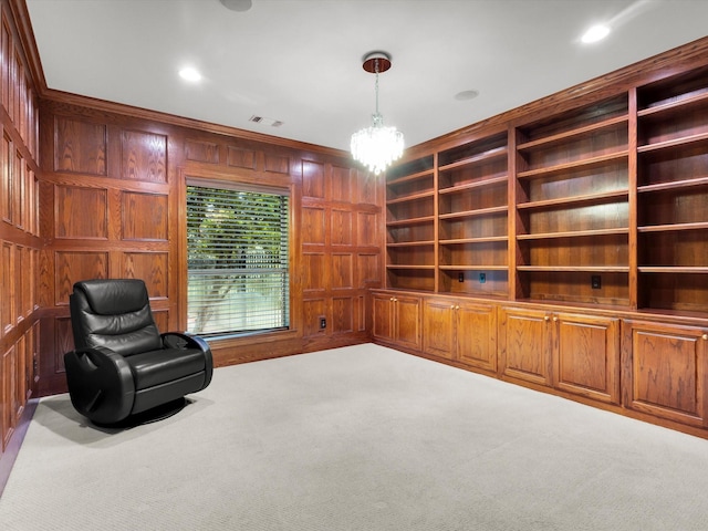 901 Saint James Dr, Fairview, TX 75069 - unfurnished room featuring wooden walls, carpet flooring, a chandelier, and ornamental molding