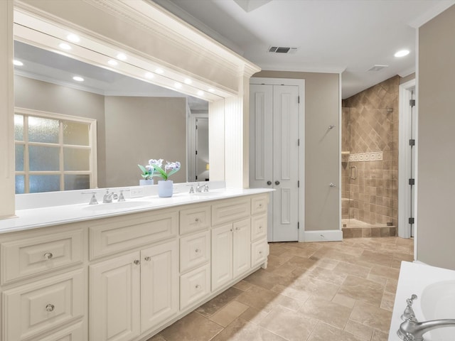 901 Saint James Dr, Fairview, TX 75069 - full bathroom with a stall shower, double vanity, recessed lighting, ornamental molding, and stone finish floors