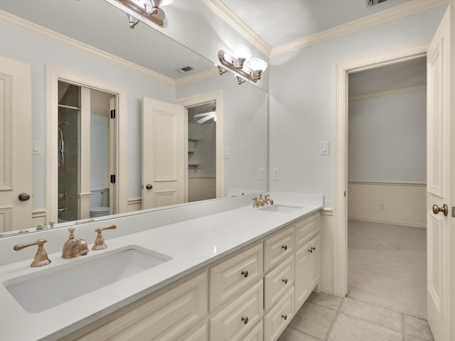 901 Saint James Dr, Fairview, TX 75069 - full bathroom featuring toilet, double vanity, crown molding, a shower, and tile patterned flooring