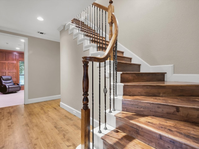 901 Saint James Dr, Fairview, TX 75069 - stairs with wood finished floors, ornamental molding, baseboards, and recessed lighting