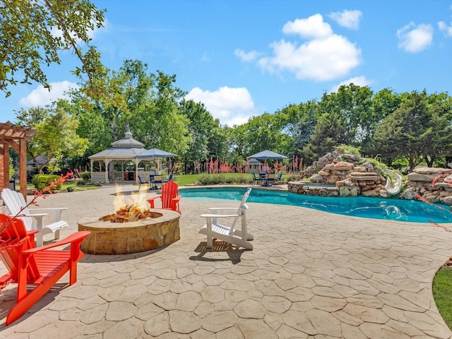 901 Saint James Dr, Fairview, TX 75069 - swimming pool featuring a fire pit, a patio area, and a gazebo