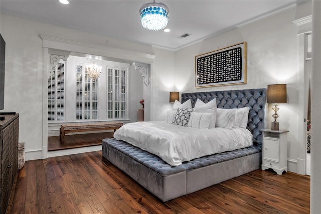 417 Windwood Ct, Mckinney, TX 75071 - bedroom featuring a chandelier, crown molding, hardwood / wood-style flooring, and recessed lighting