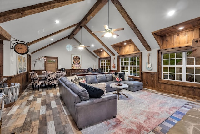 417 Windwood Ct, Mckinney, TX 75071 - living area with a wainscoted wall, wood-type flooring, ceiling fan, recessed lighting, and wood walls