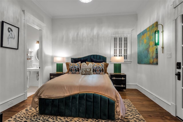 417 Windwood Ct, Mckinney, TX 75071 - bedroom featuring wood finished floors, crown molding, ensuite bath, and baseboards