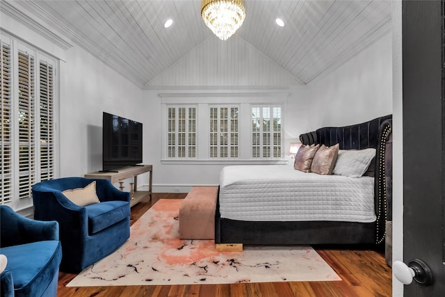 417 Windwood Ct, Mckinney, TX 75071 - bedroom with a chandelier, vaulted ceiling, wood finished floors, recessed lighting, and baseboards