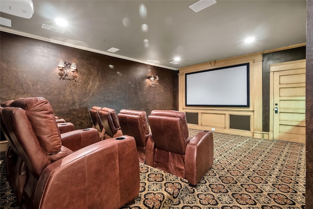 417 Windwood Ct, Mckinney, TX 75071 - home theater featuring crown molding, carpet, and recessed lighting