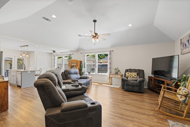 2521 Trail Tree Ct, Burleson, TX 76028 - living area featuring ceiling fan, lofted ceiling, light wood finished floors, and recessed lighting
