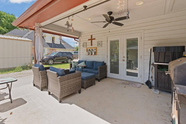 2521 Trail Tree Ct, Burleson, TX 76028 - view of patio / terrace with french doors, ceiling fan, an outdoor living space, and fence