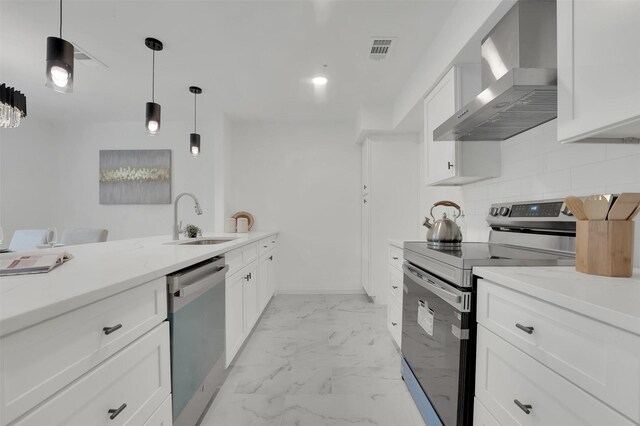 4608 Willow Elm Ct, Arlington, TX 76017 - kitchen with wall chimney exhaust hood, appliances with stainless steel finishes, a sink, light marble finish flooring, and tasteful backsplash