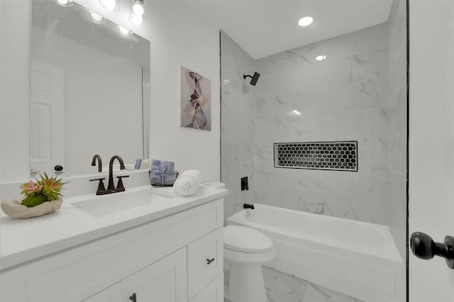 4608 Willow Elm Ct, Arlington, TX 76017 - bathroom featuring vanity, marble finish flooring, shower / washtub combination, toilet, and recessed lighting