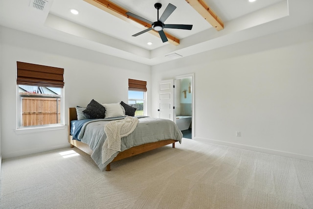 120 Crosswind Trl, Ovalo, TX 79541 - bedroom featuring light colored carpet, beam ceiling, baseboards, recessed lighting, and a ceiling fan