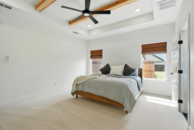 120 Crosswind Trl, Ovalo, TX 79541 - carpeted bedroom featuring baseboards, recessed lighting, ceiling fan, and a tray ceiling