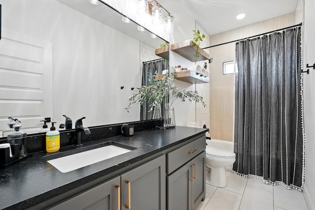 120 Crosswind Trl, Ovalo, TX 79541 - full bathroom with tile patterned flooring, toilet, shower / bathtub combination with curtain, and vanity