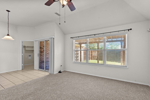 1060 Knightsbridge Dr, Frisco, TX 75036 - empty room with lofted ceiling, light carpet, a ceiling fan, baseboards, and light tile patterned floors