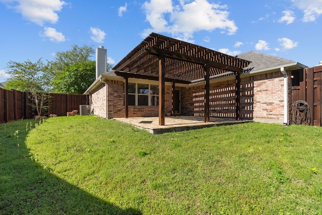 1060 Knightsbridge Dr, Frisco, TX 75036 - back of house with brick siding, a chimney, a pergola, a patio, and central air condition unit